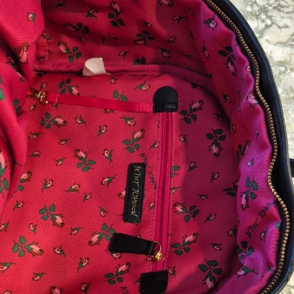Betsey Johnson Black and White Embroidered Striped Backpack
